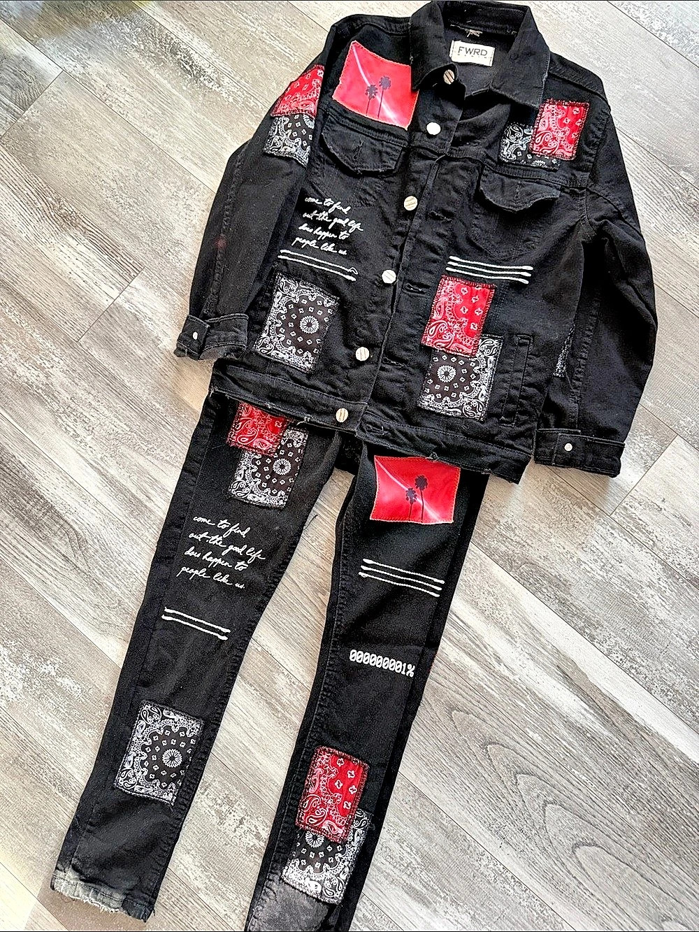 FWRD Denim & Co. Boys Size 10 Patchwork Bandana Jacket & Jeans Set Black